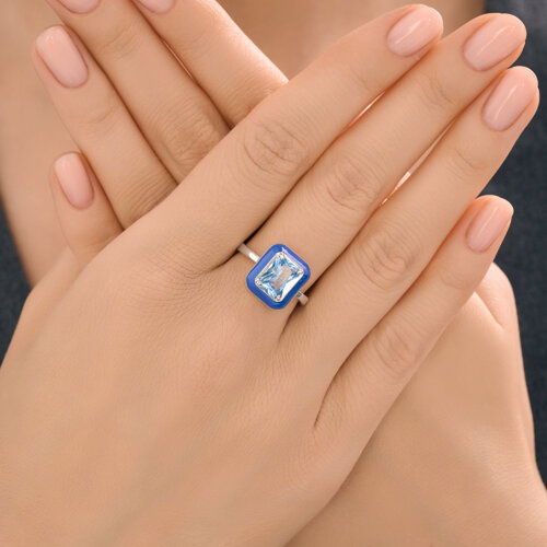 Inel din argint  cu pietre Cubic Zirconia Albastru, Emailare