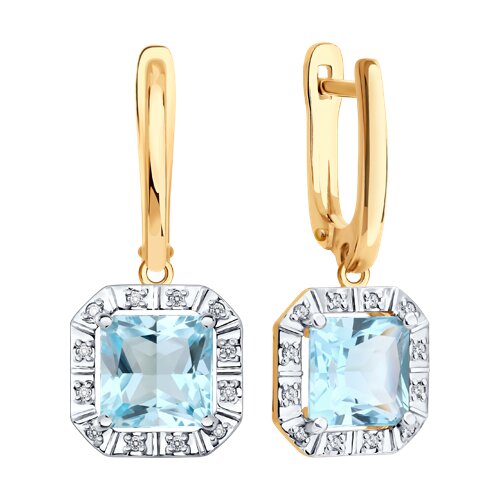 Серьги Длинные из красного золота с камнями Бриллиант, Топаз голубой