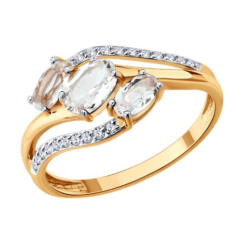 Кольцо из красного золота с камнями Фианит, Горный хрусталь