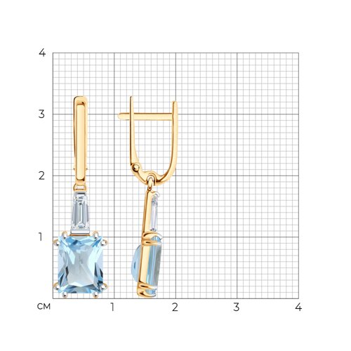 Серьги Длинные из красного золота с камнями Фианит, Топаз голубой