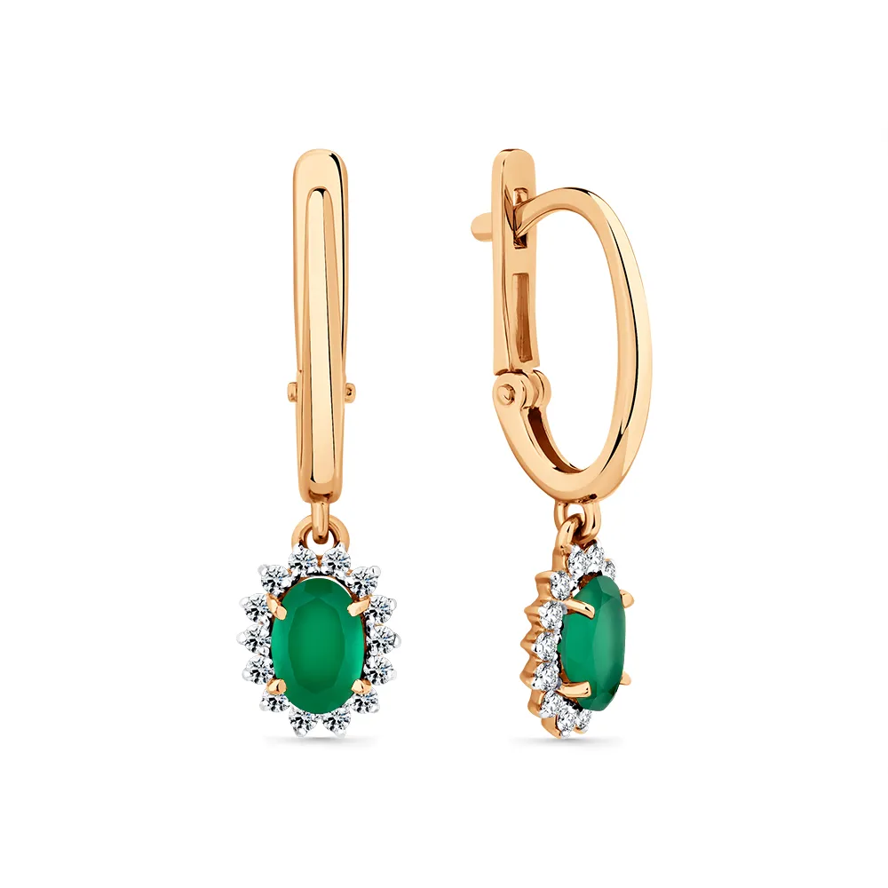 Cercei Suspendați din aur roșu cu Cubic Zirconia Incolor, Agat verde