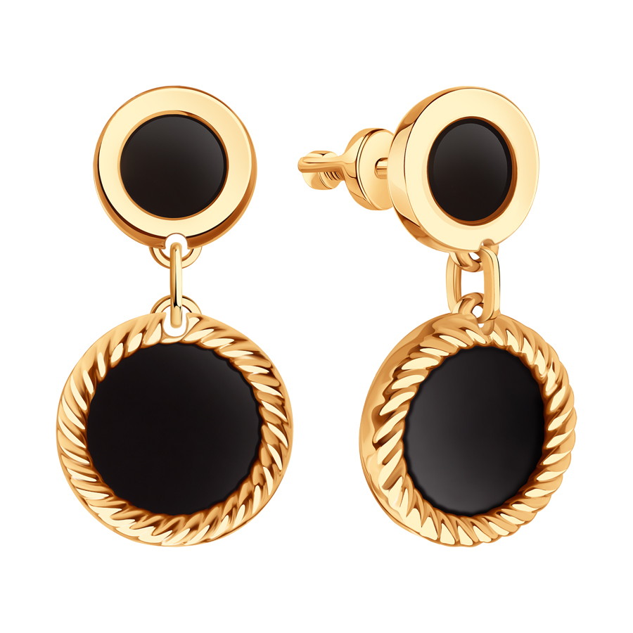 Серьги Пусеты из красного золота с камнями Оникс черный