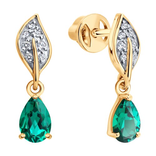 Серьги Пусеты из красного золота с камнями Бриллиант, Изумруд гидротермальный