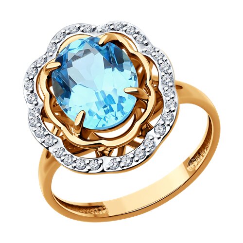 Inel din aur roșu cu pietre Cubic Zirconia Incolor, Topaz albastru