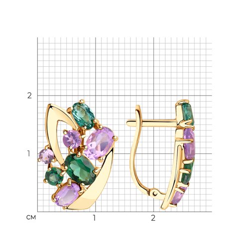 Серьги из красного золота с камнями Аметист, Ситал турмалин (синт.)