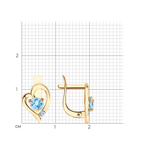 Серьги из красного золота с камнями Фианит, Топаз голубой