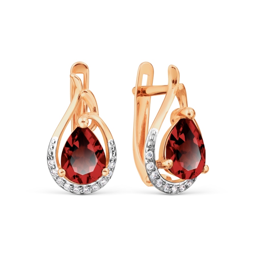 Серьги из красного золота с камнями Фианит, Гранат