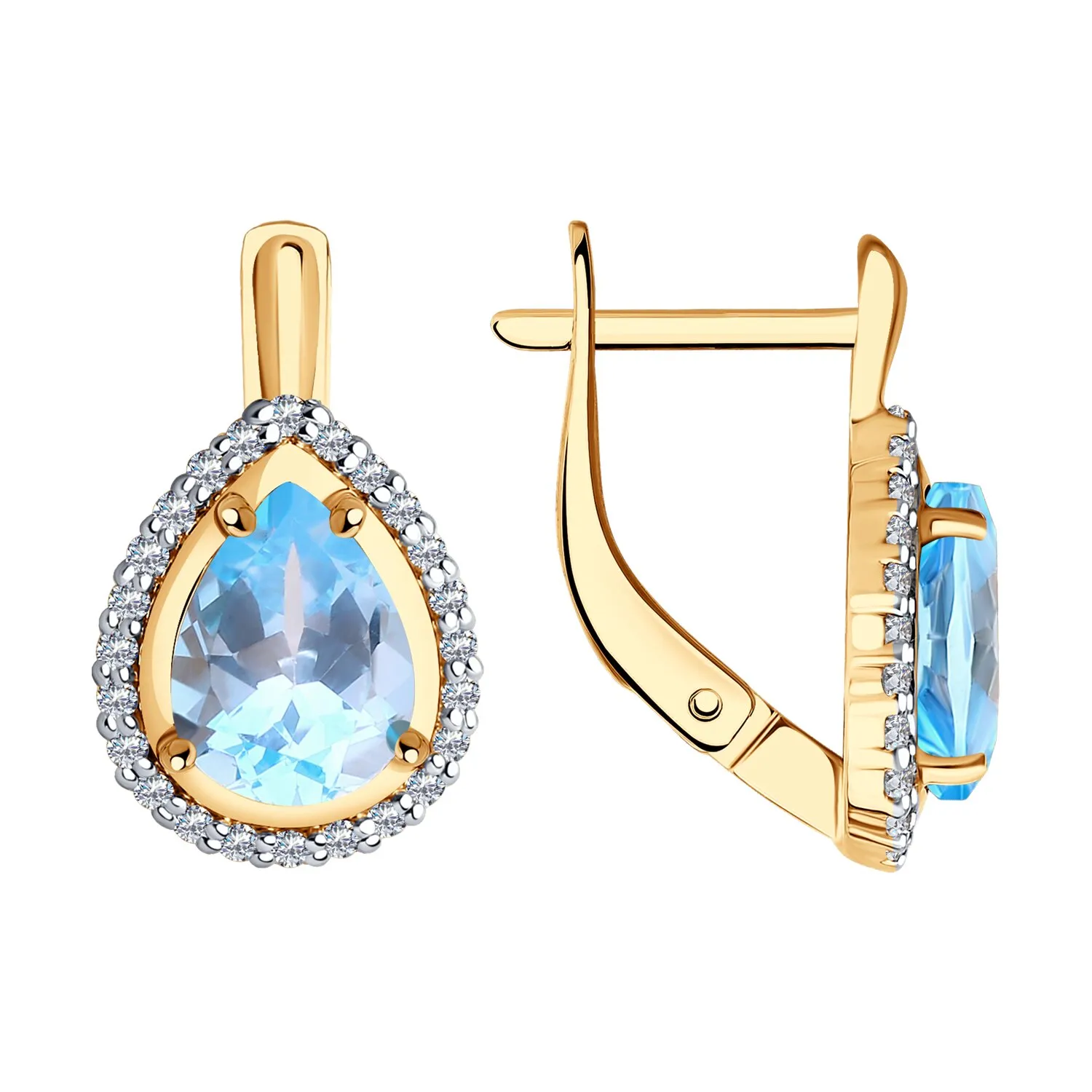 Cercei din aur roșu cu Cubic Zirconia Incolor, Topaz albastru