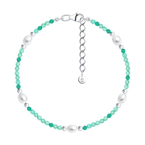 Браслет из серебра с камнями Агат зеленый, Жемчуг белый  и Леска