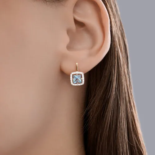 Cercei din aur roșu cu Cubic Zirconia Incolor, Topaz albastru