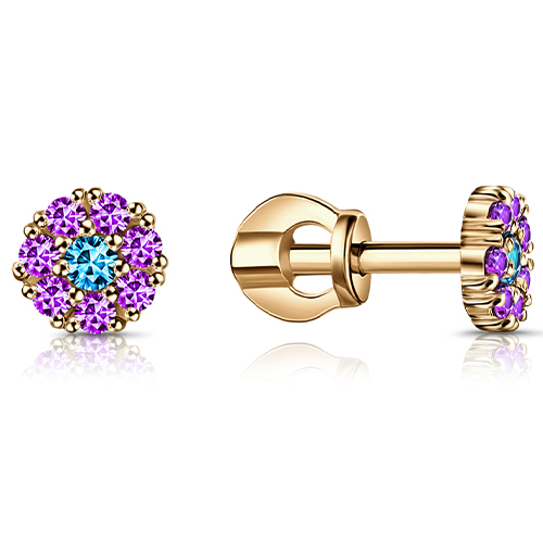 Cercei Pusete din aur roșu cu pietre Cubic Zirconia Albastru, Cubic Zirconia Liliachiu