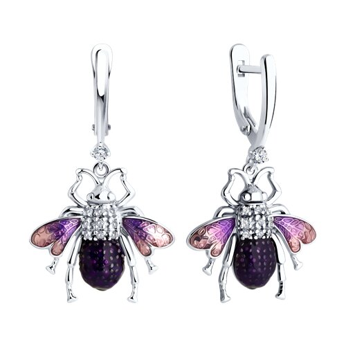 Cercei Suspendați din argint  cu pietre Cubic Zirconia Incolor, Cubic Zirconia Liliachiu și Emailare