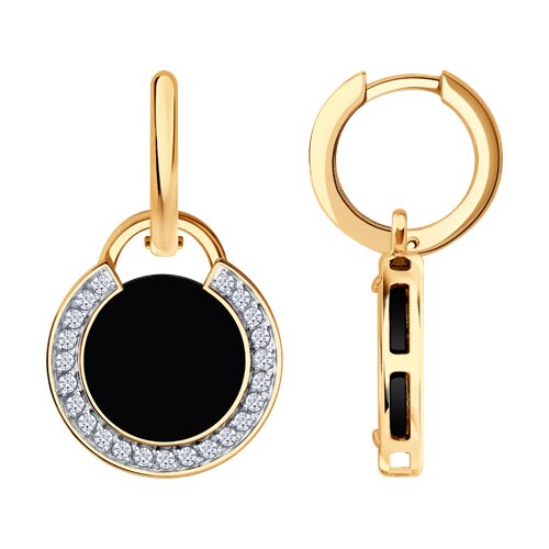 Серьги Конго из красного золота с камнями Фианит, Агат черный