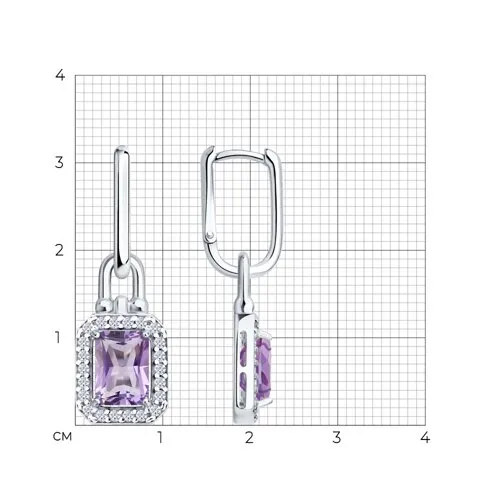 Серьги Конго из серебра с камнями Фианит, Аметист