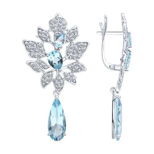 Серьги Длинные из серебра с камнями Фианит, Топаз голубой