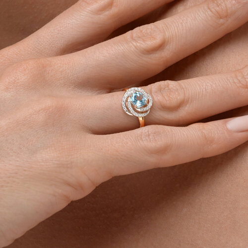Кольцо из красного золота с камнями Фианит, Топаз голубой