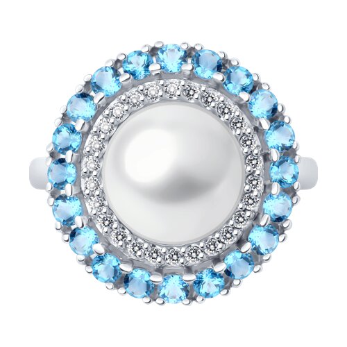 Inel din aur alb cu pietre Cubic Zirconia Incolor, Topaz Swiss și Perla Albă