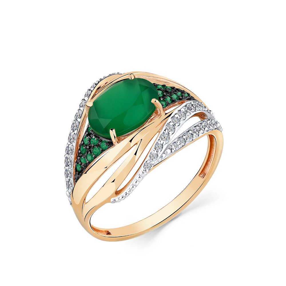 Inel din aur roșu cu pietre Cubic Zirconia Incolor, Cubic Zirconia Verde și Agat verde