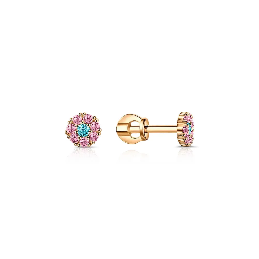 Cercei Pusete din aur roșu cu Cubic Zirconia Albastru, Cubic Zirconia Roz