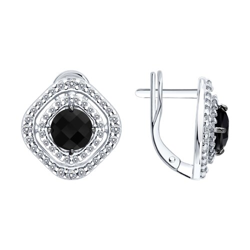 Серьги из серебра с камнями Фианит, Агат черный