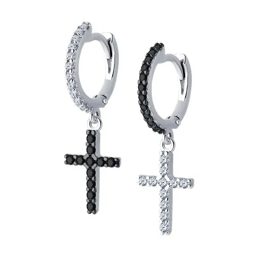 Cercei Creole din argint cu Cubic Zirconia Incolor, Cubic Zirconia Negru
