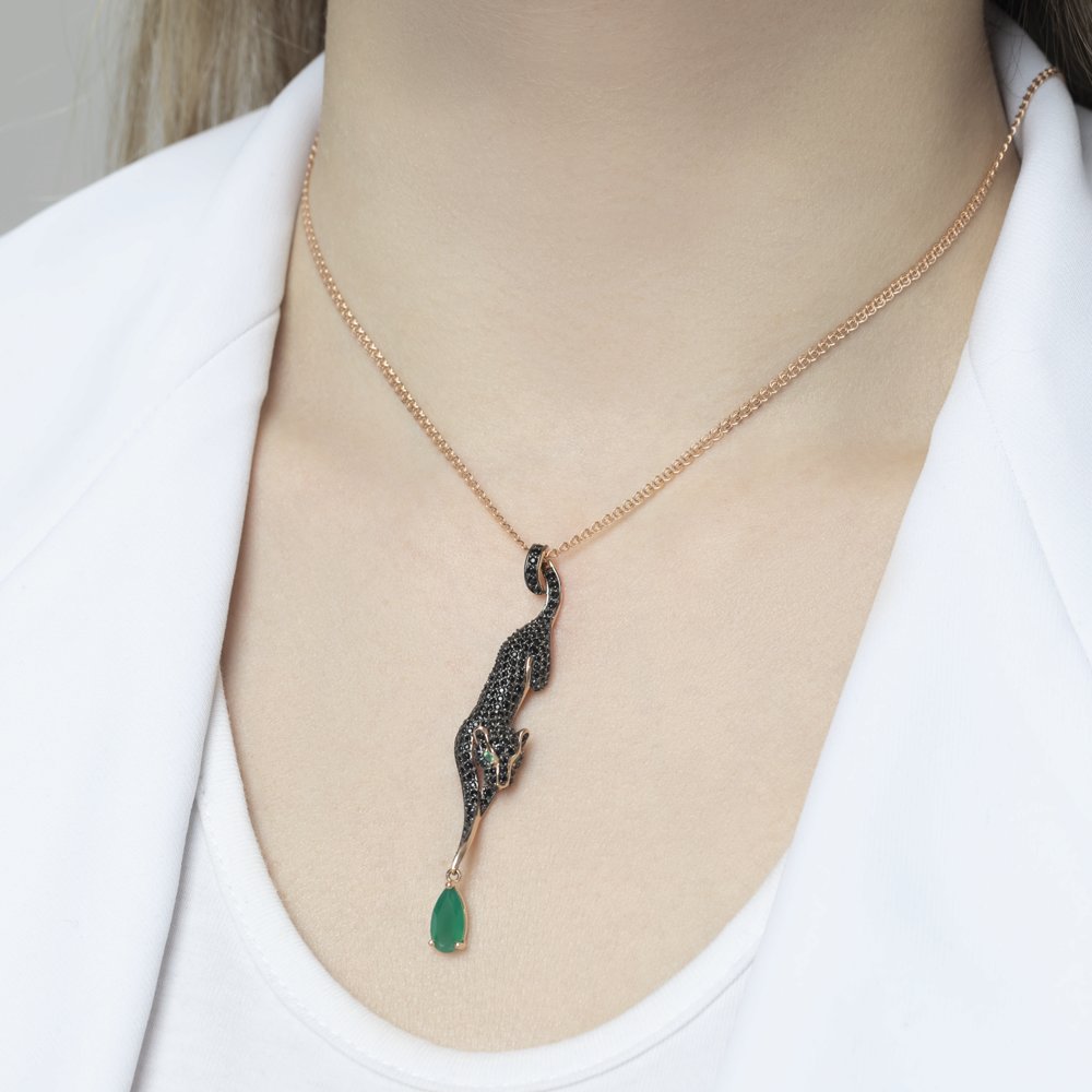 Pandantiv din aur roșu cu pietre Cubic Zirconia Negru, Agat verde