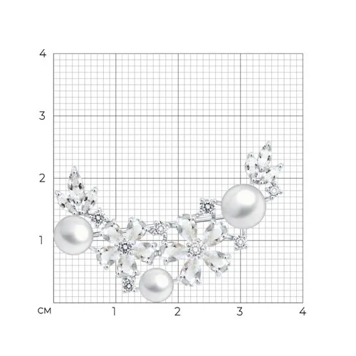 Broșă din aur alb cu Cubic Zirconia Incolor, Cristal de munte și Perla Albă