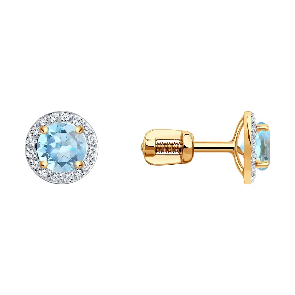 Cercei Pusete din aur roșu cu Cubic Zirconia Incolor, Topaz albastru