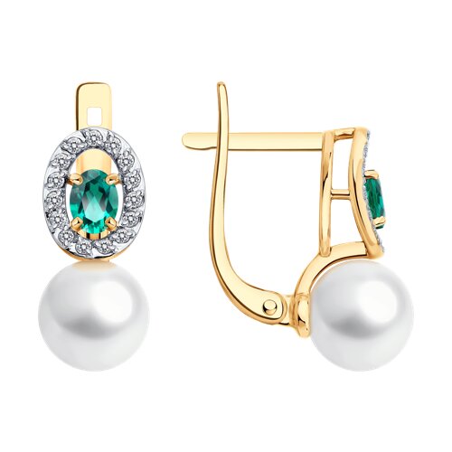Серьги из красного золота с камнями Бриллиант, Изумруд гидротермальный и Жемчуг белый