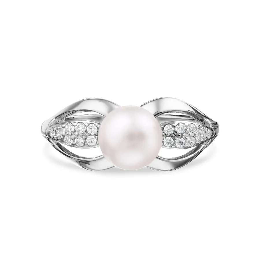 Inel din aur alb cu Cubic Zirconia Incolor, Perla Albă