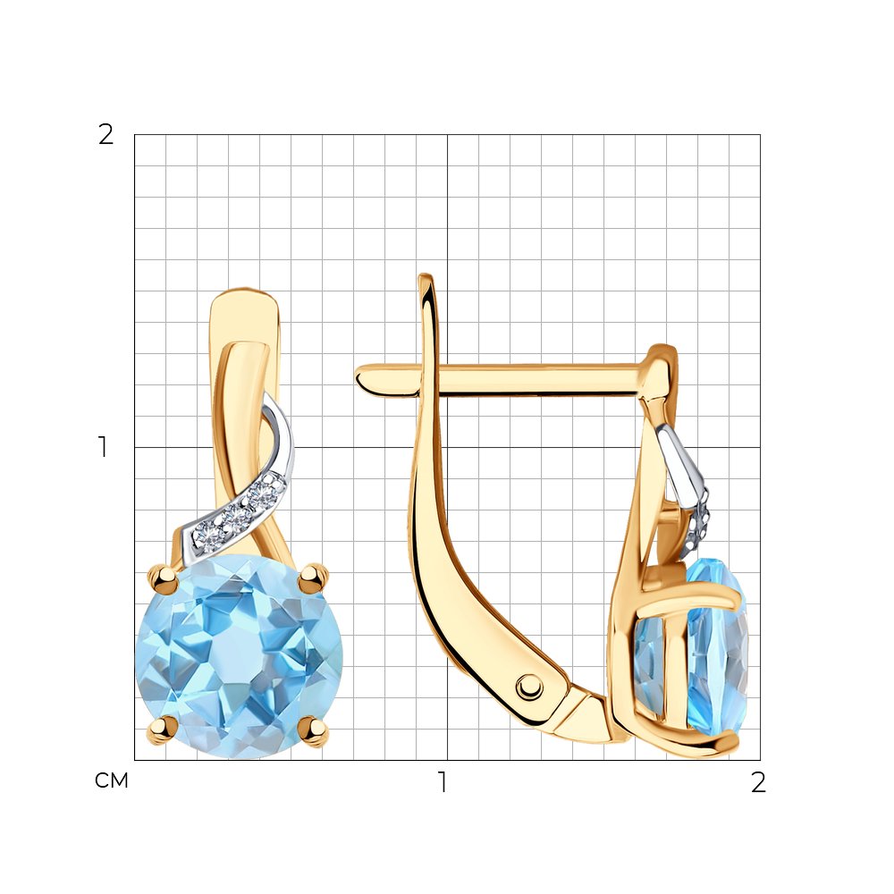 Cercei din aur roșu cu pietre Diamant, Topaz albastru