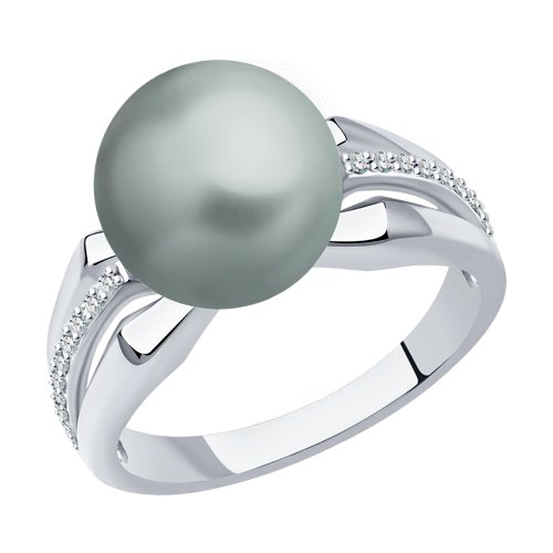 Кольцо из белого золота с камнями Бриллиант, Жемчуг морской черный