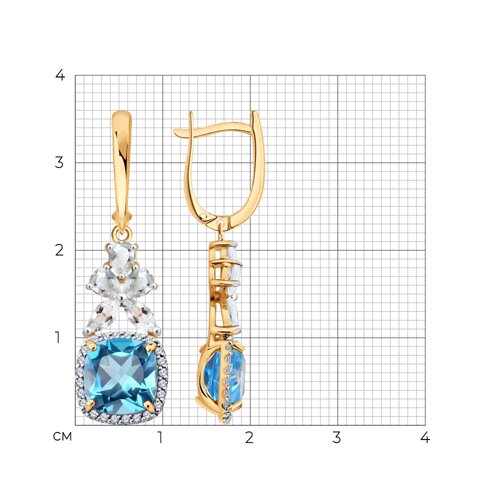 Серьги Длинные из красного золота с камнями Бриллиант, Горный хрусталь и Топаз Swiss