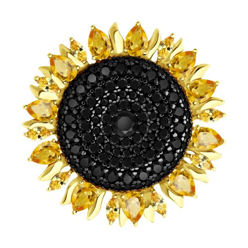 Брошь из позолоченного серебра с камнями Фианит Жёлтый, Фианит Чёрный и Цитрин