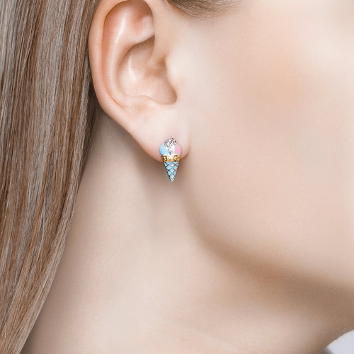 Cercei p-u copii din argint  cu pietre Cubic Zirconia Incolor, Corindon (rubin) și Emailare