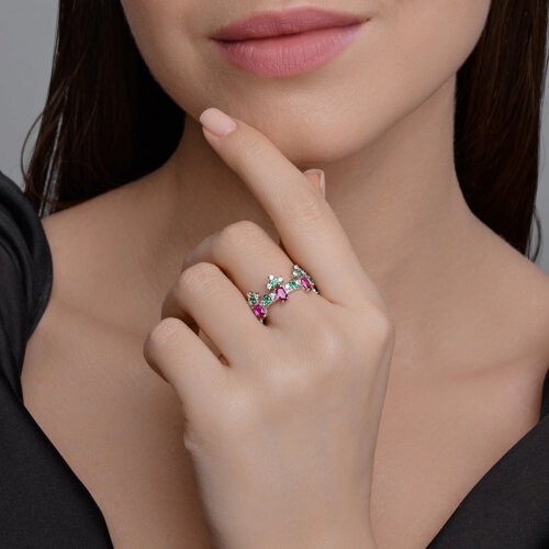 Inel din argint  cu pietre Cubic Zirconia Incolor, Cubic Zirconia Verde și Corindon (rubin)