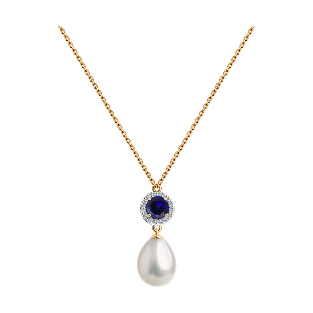 Colier din aur roșu cu pietre Cubic Zirconia Incolor, Perla Albă și Corindon