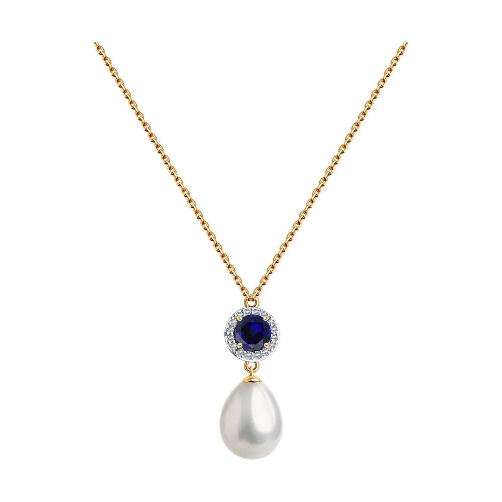 Colier din aur roșu cu Cubic Zirconia Incolor, Perla Albă și Corindon