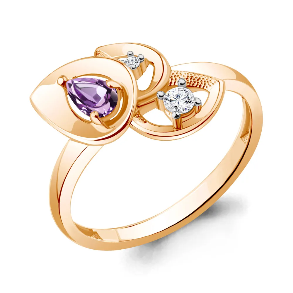 Inel din aur roșu cu Cubic Zirconia Incolor, Ametist