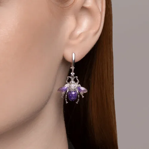 Cercei Suspendați din argint cu Cubic Zirconia Incolor, Cubic Zirconia Liliachiu și Emailare