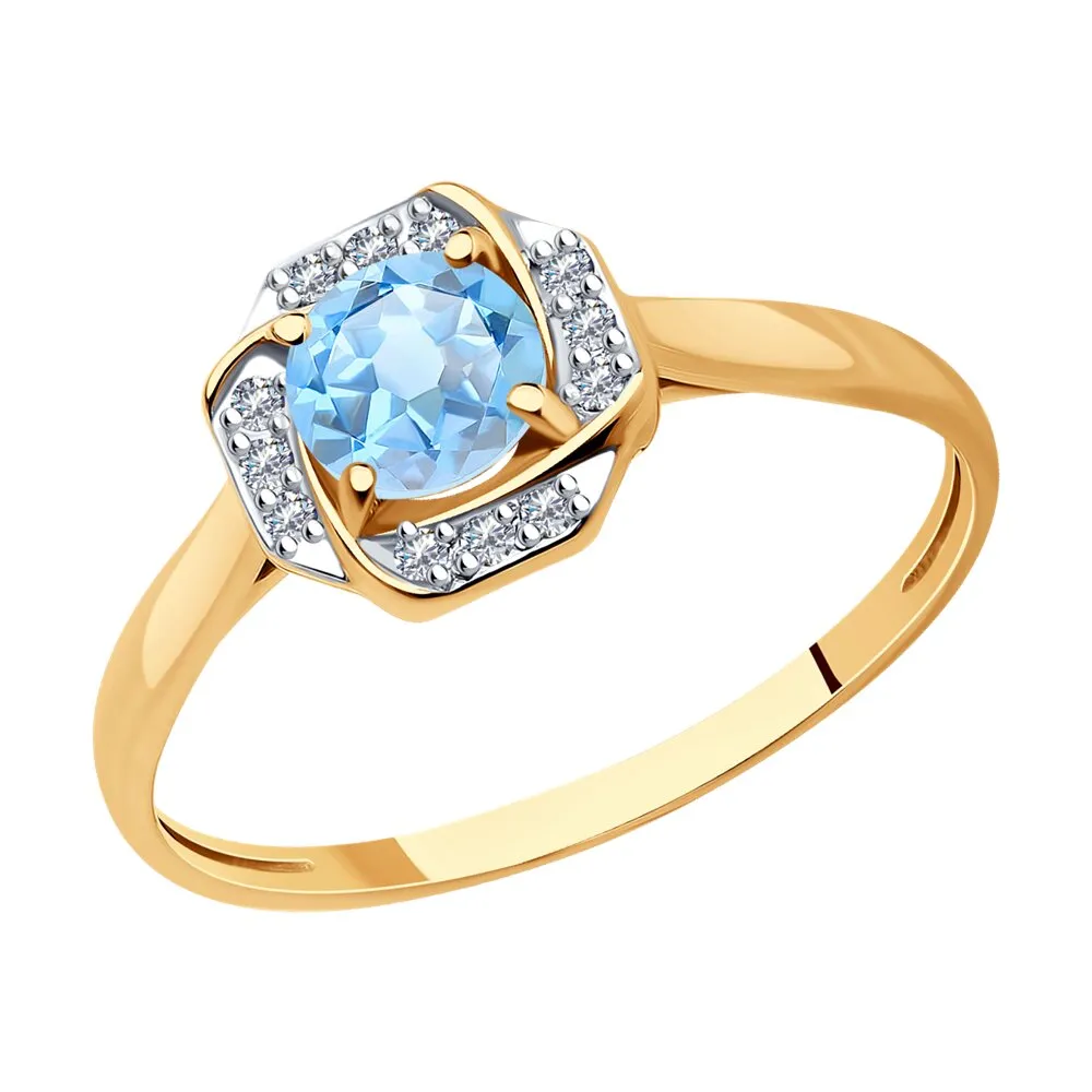Inel din aur roșu cu Cubic Zirconia Incolor, Topaz albastru