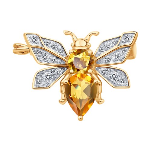 Брошь из красного золота с камнями Фианит, Цитрин