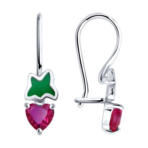 Детские серьги из серебра с камнями Корунд в цвете рубина, Эмаль