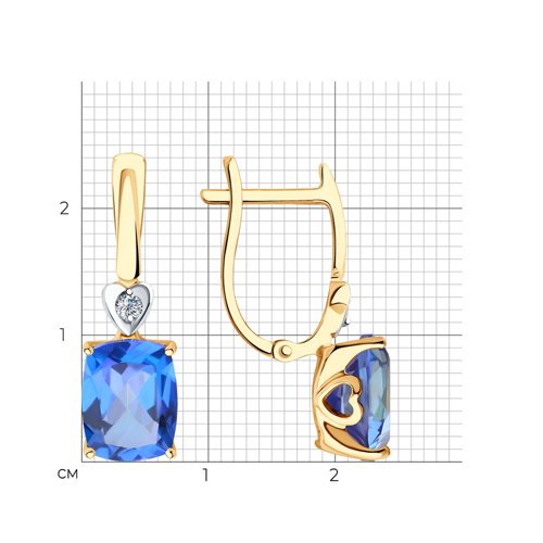 Серьги Длинные из красного золота с камнями Swarovski, Топаз Swarovski голубой