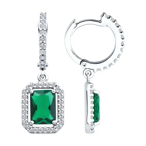 Серьги Конго из серебра с камнями Фианит, Фианит Зелёный