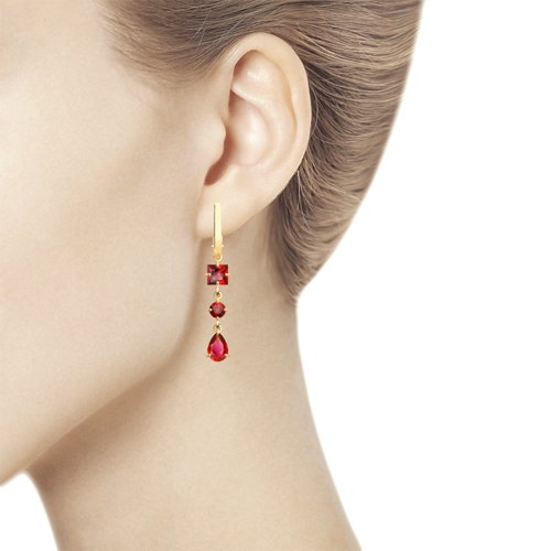Серьги Длинные из красного золота с камнями Топаз Swarovski красный
