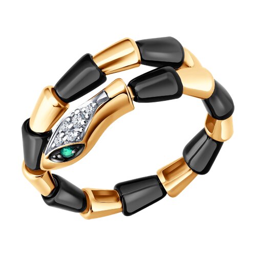 Кольцо из белого и красного золота с камнями Бриллиант, Изумруд и Керамика черная