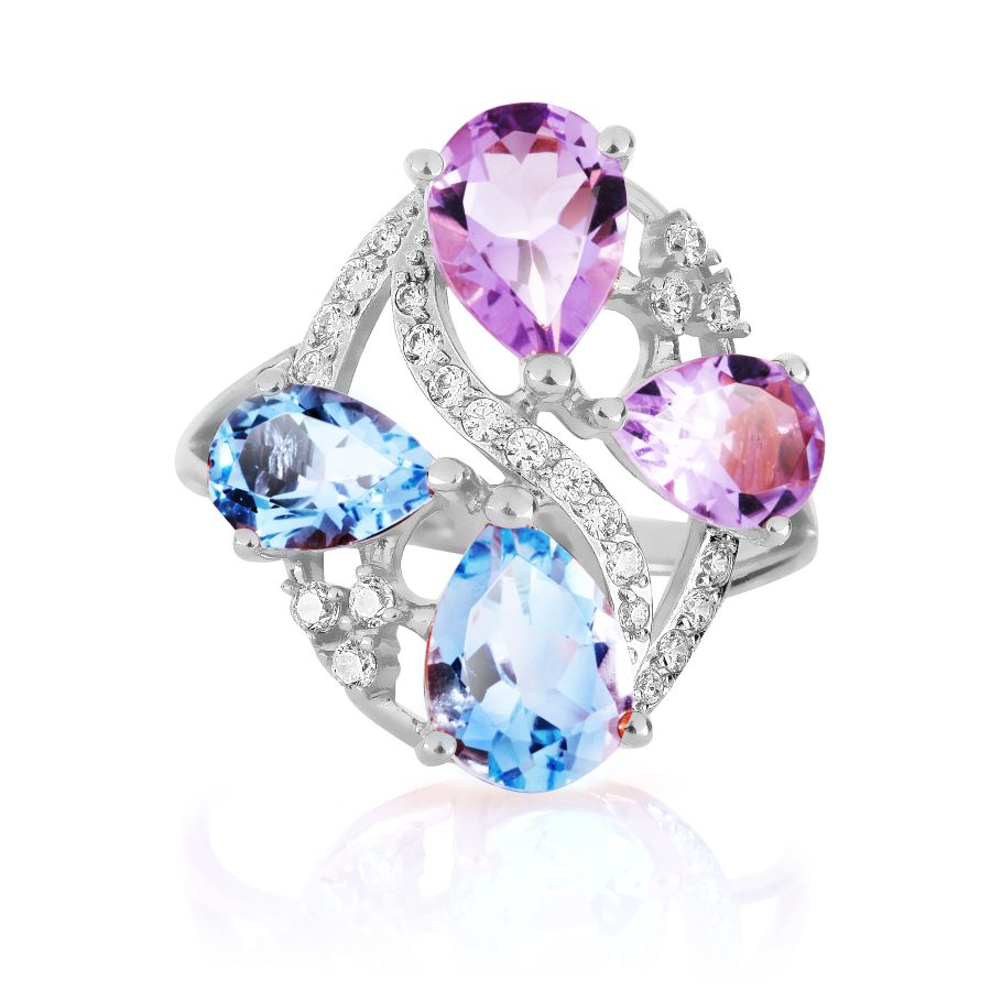 Inel din aur alb cu pietre Cubic Zirconia Incolor, Ametist și Topaz