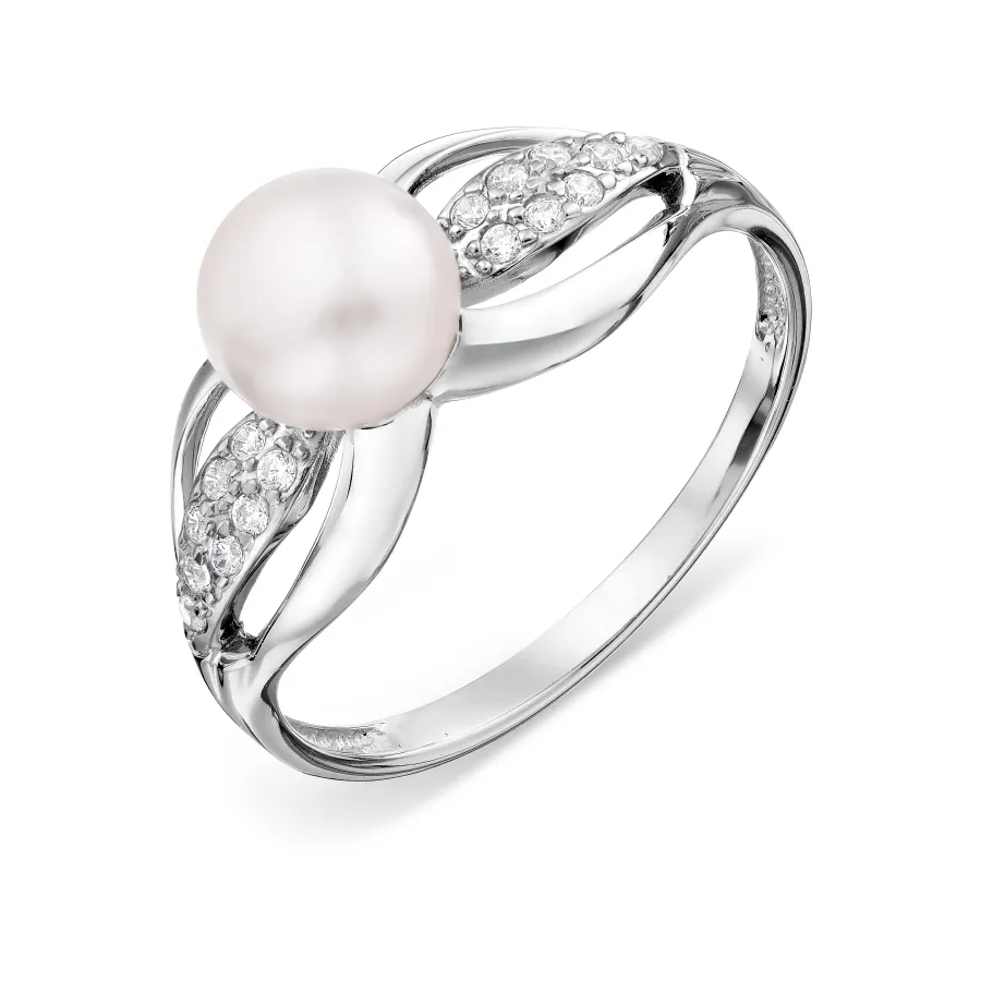 Inel din aur alb cu Cubic Zirconia Incolor, Perla Albă