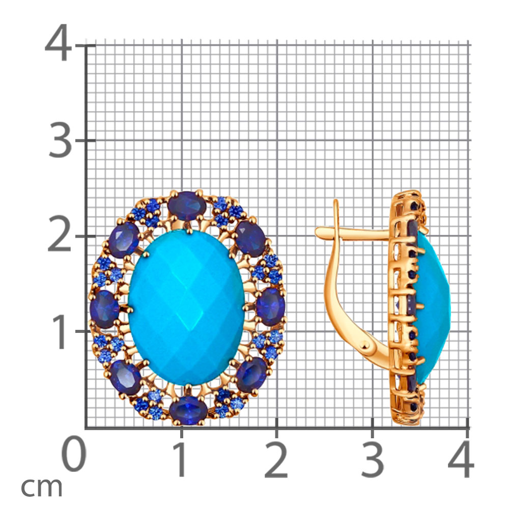 Серьги из красного золота с камнями Корунд, Бирюза (синт.)